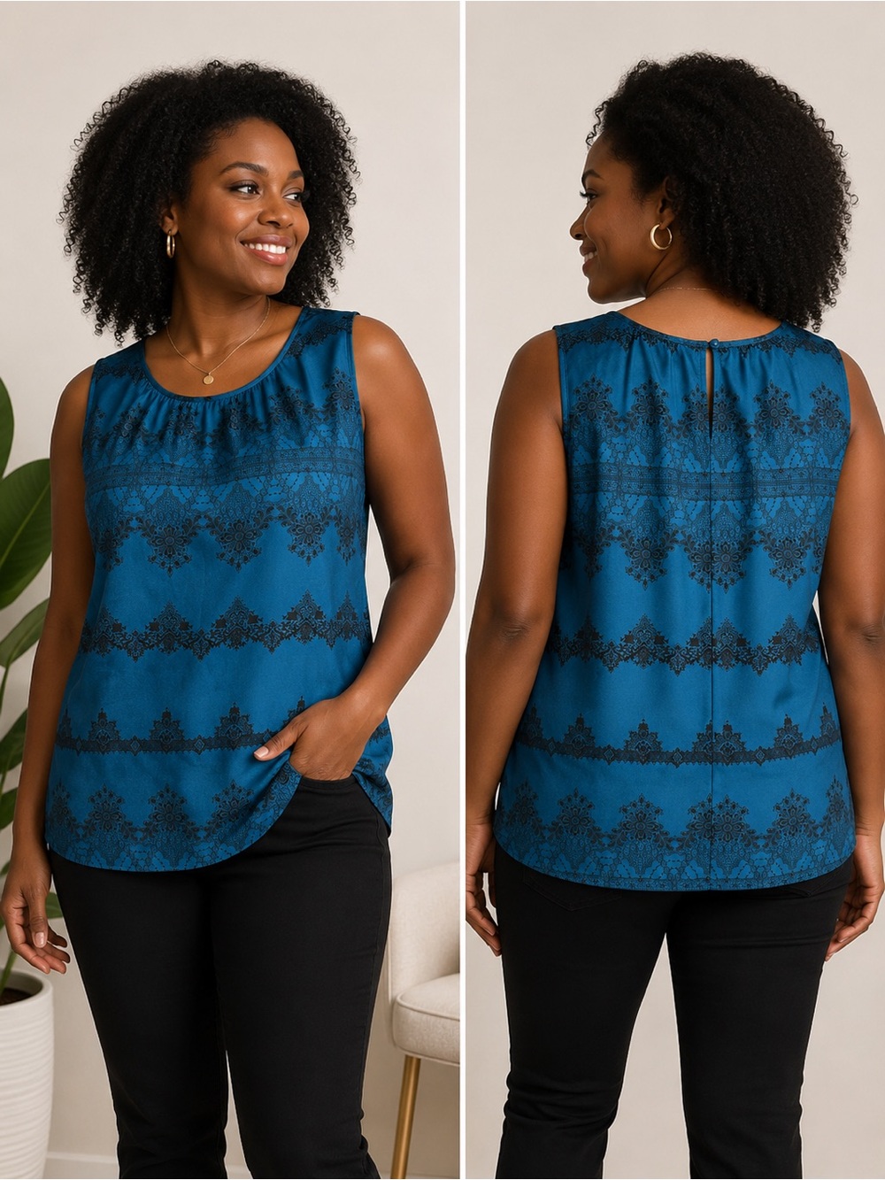 LOFT Petites Women’s MP Sleeveless Blue Black Floral Print Blouse Keyhole Back